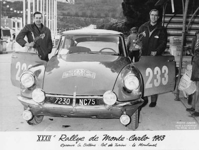 Pauli Toivonen - Jarvi
32º Rallye Automobile de Monte-Carlo 1963. Citröen DS 19 (7230 NC75). Clasificado 2º.

Del 20 al 24 de Enero, Monte-Carlo.
Superficie: asfalto - nieve.

Tomaron la salida 296 equipos, finalizaron 96.@
Palabras clave: Pauli_Toivonen;Jarvi;Citroen;DS;Montecarlo;1963;personajes