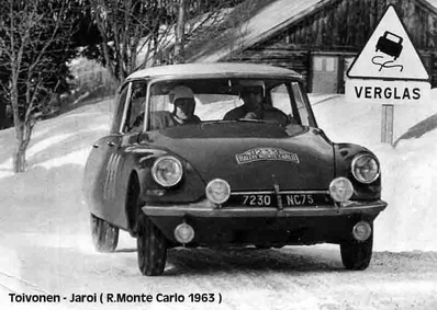 Pauli Toivonen - Jarvi
32º Rallye Automobile de Monte-Carlo 1963. Citröen DS 19 (7230 NC75). Clasificado 2º.

Del 20 al 24 de Enero, Monte-Carlo.
Superficie: asfalto - nieve.

Tomaron la salida 296 equipos, finalizaron 96.@
Palabras clave: Pauli_Toivonen;Jarvi;Citroen;DS;Montecarlo;nieve;1963