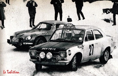 Hannu Mikkola - Jim Porter
38º Rallye Automobile de Monte-Carlo 1969. Ford Escort Twin Cam (BEV 781G). Abandonó por accidente.

El Alpine-Renault A110 1300 (7753 GH 76) de detrás es el de Jean Vinatier - Jean-François Jacob, clasificado 4º.

Del 17 al 24 de Enero, Monte-Carlo.
Superficie: asfalto - nieve.

El Rally tenia un total de 225.00 km cronometrados.

Se inscribieron 211 equipos, tomaron la salida 183, finalizaron 44.@
Palabras clave: ;Ford;Escort;MKI;Montecarlo;1969;nieve