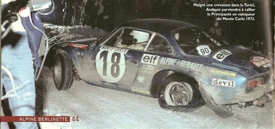 Jean-Claude Andruet -Michèle Espinos-Petit (Biche)
42º Rallye Automobile de Monte-Carlo 1973. Renault Alpine A110 1800 (8693 HG 76). Clasificado 1º.

Del 19 al 26 de Enero, Monte-Carlo.
Superficie: asfalto - nieve.

El Rally tenia un total de 4800 km de los que 456.50 km divididos en 18 tramos eran especiales, (2 ellas fueron canceladas SS10 Col de la Porte de 18.25 Km y SS11 La Cabanette de 18.25Km).

Tomaron la salida 278 equipos, finalizaron 51.

Para mas informacion [url=http://wp.me/p74eqQ-f] Click en la foto o aquí si esta azul[/url]
@
Palabras clave: ;Michèle_Espinosi-Petit;Renault;Alpine;A110;Montecarlo;1973;crash
