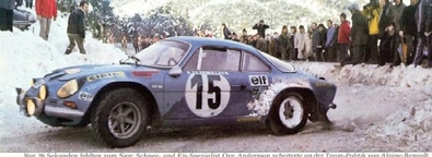 Ove Andersson - Jean Todt
42º Rallye Automobile de Monte-Carlo 1973. Renault-Alpine A110 1800 (8691 HG 76). Clasificado 2º.

Del 19 al 26 de Enero, Monte-Carlo.
Superficie: asfalto - nieve.

El Rally tenia un total de 4800 km de los que 456.50 km divididos en 18 tramos eran especiales, (2 ellas fueron canceladas SS10 Col de la Porte de 18.25 Km y SS11 La Cabanette de 18.25Km).

Tomaron la salida 278 equipos, finalizaron 51.

Para mas informacion [url=http://wp.me/p74eqQ-f] Click en la foto o aquí si esta azul[/url]
@
Palabras clave: Ove_Andersson;Jean_Todt;Renault;Alpine;A110;Montecarlo;1973;nieve