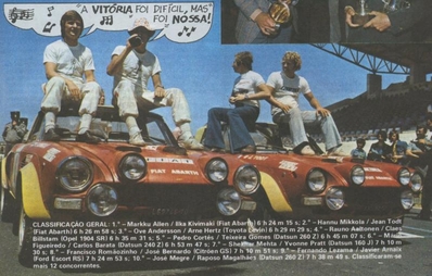 9º Rallye de Portugal - Vinho do Porto 1975
Fiat 124 Abarth Rallye

4# (TO L69746) Markku Alén - Illka Kivimaki clasificado 1º con un tiempo de 6h 24m 15s.
1ª victoria de Markku Alén en el Mundial de Ralyyes.

1# (TO K81050) Hannu Mikkola - Jean Todt Clasificado 2º con un tiempo de 6h 26m 58s.

Del 18 al 21 de Julio, Estoril, Cascais, Lisboa, Portugal.
Superficie: asfalto - tierra.

El Rally tenia un total de 2006.50 Km de los que 514.80 Km divididos en 34 tramos eran especiales.

Tomaron la salida 73 equipos, finalizaron 22.@
Palabras clave: ;Jean_Todt;Fiat;Abarth;Portugal;Markku_Alen;1975