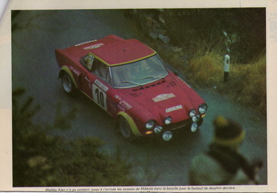 Markku Alén - Ilkka Kivimaki
43º Rallye Automobile de Monte-Carlo 1975. Fiat 124 Abarth Rallye (TO K81054). Clasificado 3º.

Del 15 al 23 de Enero, Monte Carlo.
Superficie: asfalto - nieve.

El Rally tenia un total de 2,345.00 Km de los que 472.00 Km divididos en 22 tramos eran especiales.

Se inscribieron 114 equipos, tomaron la salida 96, finalizaron 43.@
Palabras clave: Markku_Alen;Fiat;Abarth;Montecarlo;1975