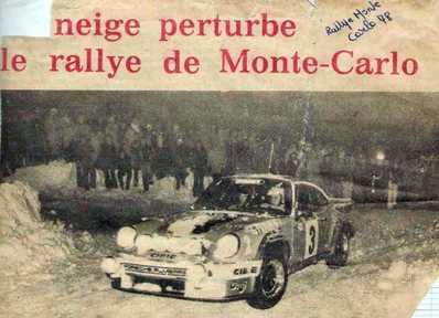 Jean-Pierre Nicolas - Vincent Laverne
46º Rallye Automobile de Monte-Carlo 1978. Porsche 911 Carrera RS 3.0 (8737 RG 34). Clasificado 1º.
Publimmo Racing

Del 21 al 27 de Enero, Monte-Carlo.
Superficie: asfalto - nieve.

El Rally tenia un total de 4600 km de los que 570 km divididos en 29 tramos eran especiales (5 de ellas fueron canceladas SS8 Col du Fanget de 10 Km, SS10 Serre Chevalier de 10 Km, SS11 Col du Lautaret de 15 Km, SS14 Saint Pierreville de 16 Km y SS15 Burzet de 44 Km).

Se inscribieron 231 equipos, tomaron la salida 216, finalizaron 129.@
Palabras clave: Porsche;Montecarlo;1978;Nieve