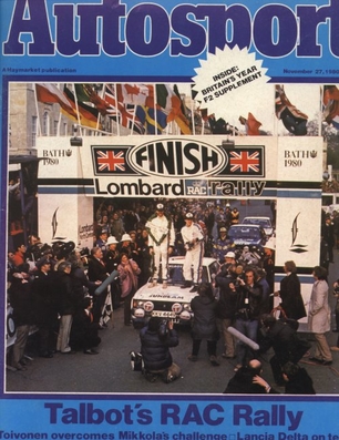 Henri Toivonen - Paul White
29º Lombard Rac Rally 1980. Talbot Lotus Sunbeam (KKV 444V). Clasificado 1º.

Henri tenía 24 años.
Esta victoria supuso entre otras cosas ser el piloto mas joven en ganar una prueba del Mundial de Rallyes, record que mantuvo en su poder durante 28 años, hasta que su compatriota Jari-Matti Latvala le superó al ganar el Rallye de Suecia 2008 con sus 22 años y 313 días.

Del 16 al 19 de Noviembre, Bath, Inglaterra.
Superficie: asfalto - tierra.

El Rally tenia un total de 2896 km de los que 708.09 km divididos en 70 tramos eran especiales, (3 de ellas fueron canceladas SS10 Kilburn de 3.06 Km, SS18 Guisborough de 7.24 Km y SS19 Ingleby de 4.02 Km).

Se inscribieron 150 equipos. tomaron la salida 142, finalizaron 48.@
Palabras clave: Henri_Toivonen;Paul_White;Talbot;Sunbeam;Lotus;Gran_Bretaña;parque_cerrado;1980;RAC_Rally
