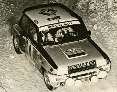 Jean Ragnotti - Jean-Marc Andrie 
49º Rallye Automobile de Monte-Carlo 1981. Renault 5 Turbo (440 VB 91). Clasificado 1º.
Renault Elf

Jean Ragnotti y Jean-Luc Thérier lucharon durante toda la prueba para mantenerse en la primera posición, hasta que en el primer tramo de la última etapa, SS25 Moulinet - La Bollène 2 (Turini) de 22.00 km, y durante su descenso, unos energúmenos tiraron nieve en una de las curvas justo antes del paso del Porsche 911 SC (4769 RP 34) de Jean-Luc Thérier, saliéndose éste de pista y perdiendo mucho tiempo para volver a ella, quedando al final de la prueba en 95º lugar.

Del 24 al 30 de Enero, Monte-Carlo.
Superficie: asfalto - nieve.

El Rally tenia un total de 3930.00 km de los que 750.00 km divididos en 32 tramos eran especiales.

Se inscribieron 274 equipos, tomaron la salida 263, finalizaron 133.@
Palabras clave: Renault;turbo;Montecarlo;nieve;1981