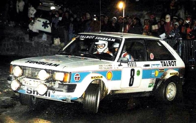Henri Toivonen - Fred Gallagher
49º Rallye Automobile de Monte-Carlo 1981. Talbot Sunbeam Lotus (NVC 777W). Clasificado 5º.

Del 24 al 30 de Enero, Monte-Carlo.
Superficie: asfalto - nieve.

El Rally tenia un total de 3930.00 km de los que 750.00 km divididos en 32 tramos eran especiales.

Se inscribieron 274 equipos, tomaron la salida 263, finalizaron 133.@
Palabras clave: Henri_Toivonen;Talbot;Sunbeam;Lotus;Montecarlo;1981