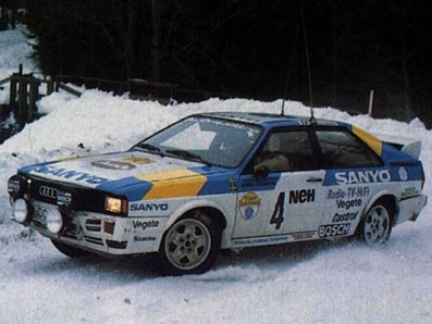 Stig Blomqvist - Bjorn Cederberg
32º International Swedish Rally 1982. Audi Quattro (N-DC 163). Clasificado 1º.
Audi Sport Sweden

Del 12 al 14 de Febrero, Karlstad, Suecia.
Superficie: nieve - hielo.

El Rally tenia un total de 1390.00 km de los que 366.51 km divididos en 25 tramos eran especiales (2 de ellas fueron canceladas SS11 Rada de 6 Km y SS14 Klaralven de 8 Km).

Tomaron la salida 116 equipos, finalizaron 68.@
Palabras clave: Stig_Blomqvist;Bjorn_Cederberg;Audi;Quattro;Suecia;grupo_B;nieve;1982