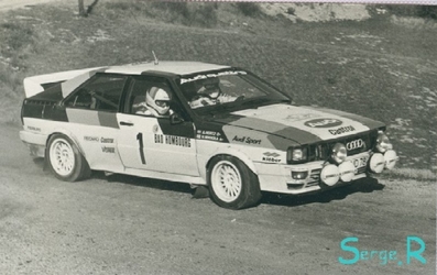Hannu Mikkola - Arne Hertz
50º Rallye Automobile de Monte-Carlo 1982. Audi Quattro (IN-ND 78). Clasificado 2º.

Del 16 al 22 de Enero, Monte Carlo.
Superficie: asfalto - nieve.

El Rally tenia un total de 4082.71 km de los que 747.81 km divididos en 32 tramos eran especiales, (2 de ellas fueron canceladas SS7 Trigance - Chateauvieux 1 de 28,53 Km y SS15 St Jean en Royans - La Chapelle en Vercors de 38,67 Km).

Se inscribieron 306 equipos, tomaron la salida 299, finalizaron 140.@
Palabras clave: ;Audi;Quattro;Montecarlo;1982