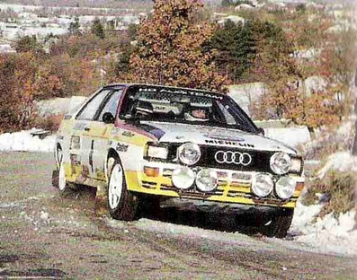 Hannu Mikkola - Arne Hertz
52º Rallye Automobile de Monte-Carlo 1984. Audi Quattro A2 (IN-NV 83). Clasificado 3º.
Audi Sport

Del 21 al 27 de Enero, Monte-Carlo.
Superficie: asfalto - nieve.

El Rally tenia un total de 3328.90 km de los que 753.20 km divididos en 30 tramos eran especiales, (4 de ellas fueron cancxeladas SS3 St Jean en Royans de 39 Km, SS11 Les Savoyons - Sigoyer de 32 Km, SS12 Pont sur Barrage du Sautet de 18,40 Km, SS13 Chateau d'Ancelle - La Batie Neuve de 11,20 Km).

Se inscribieron 222 equipos, tomaron la salida 209, finalizaron 120.@
Palabras clave: Audi;Quattro;Montecarlo;1984;nieve