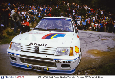 Jean-Pierre Nicolas - Charley Pasquier
28º Tour de Corse - Rallye de France 1984. Peugeot 205 Turbo 16 (697 EXC 75). Clasificado 4º.

Debut del Peugeot 205 Turbo 16 en el Mundial de Rallys.

Del 3 al 5 de Mayo, Ajaccio, Córcega, Francia.
Superficie: asfalto.

El Rally tenia un total de 1618 km de los que 1130.9 km divididos en 30 tramos eran especiales.

Se inscribieron 158 equipos, tomaron la salida 155, finalizaron 57.@
Palabras clave: ;Peugeot;T16;Grupo_B;Corcega;1984;Corse