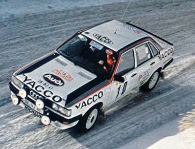 Bernard Darniche - Alain Mahé
52º Rallye Automobile de Monte-Carlo 1984. Audi 80 Quattro (IN-NJ 41). Clasificado 7º.

Del 21 al 27 de Enero, Monte-Carlo.
Superficie: asfalto - nieve.

El Rally tenia un total de 3328.90 km de los que 753.20 km divididos en 30 tramos eran especiales (4 de ellas fueron canceladas SS3 St Jean en Royans de 39 Km, SS11 Les Savoyons - Sigoyer de 32 Km, SS12 Pont sur Barrage du Sautet de 18,40 Km, SS13 Chateau d'Ancelle - La Batie Neuve de 11,20 Km).

Se inscribieron 222 equipos, tomaron la salida 209, finalizaron 120.@
Palabras clave: ;Audi;Quattro;Montecarlo;1984;nieve
