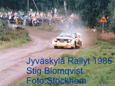 Stig Blomqvist - Bjorn Cederberg
35º 1000 Lakes Rally 1985. Audi Sport Quattro S1 E2. Clasificado 2º.

Del 23 al 25 de Agosto, Jyväskylä, Finlandia.
Superficie: tierra.

El Rally tenía un total de 1418.00 km de los que 479.00 km divididos en 50 tramos eran especiales (1 de ellos fue cancelado SS10 Vaheri).

Se inscribieron 188 equipos, tomaron la salida 175, finalizaron 83.@
Palabras clave: Stig_Blomqvist;Audi;Quattro;Finlandia;grupo_B;S1;1985