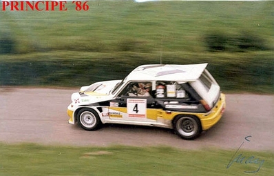 Carlos Sainz Cenamor - Antonio Boto
23º Rallye Internacional Principe de Asturias 1986. Renault 5 Maxiturbo (2-M-5368-P). Clasificado 2º.

A 2m 1s del Lancia Delta S4 (TO-77891E) de Fabrizio Tabaton - Luciano Tedeschini.

Del 19 al 21 de Septiembre, Oviedo, España.
Superficie: asfalto.

El Rally tenia un total de 293.70 km cronometrados divididos en 24 tramos especiales.

Tomaron la salida 57 equipos, finalizaron 34.
@
Palabras clave: ;Grupo_B;Renault;Maxiturbo;Principe_Asturias;1986;España;Spain