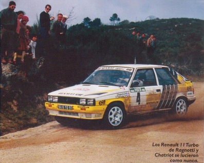 Jean Ragnotti - Pierre Thimonier
21º Rallye de Portugal Vinho do Porto 1987. Renault 11 Turbo (8416 YD 91). Clasificado 2º.

Del 11 al 14 de Marzo, Estoril, Cascais, Lisboa, Portugal.
Superficie: asfalto - tierra.

El Rally tenia un total de 2,088.23 Km de los que 603.50 Km divididos en 37 tramos, eran especiales.

Tomaron la salida 94 equipos, finalizaron 36.@
Palabras clave: ;Renault;Turbo;Portugal;1987