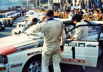 Michèle Mouton - Fabrizia Pons
17º Rallye de Portugal - Vinho do Porto 1983. Audi Quattro A1 (IN-NM 82). Clasificada 2ª.

Del 2 al 5 de Marzo, Estoril, Lisboa, Portugal.
Supeficie: asfalto - tierra.

El Rally tenia un total de 2325 km de los que 674.50 km divididos en 43 tramos eran especiales (3 de ellos fueron cancelados SS12 Figueira de Foz de 9 Km, SS13 Prestimo de 12,50 Km, SS14 Vouga de 10 Km).

Tomaron la salida 86 equipos, finalizaron 31.@
Palabras clave: Michele_Mouton;Audi;Quattro;Grupo_B;Portugal;1983;Personajes