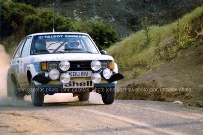 Guy Fréquelin - Jean Todt
28º Acropolis Rally 1981. Talbot Sunbeam Lotus (KDU 111V). Clasificado 4º.

Del 1 al 4 de Junio, Atenas - Piraeus, Grecia.
Superficie: tierra.

El Rally tenia un total de 2506 km de los que 995.59 km divididos en 57 tramos eran especiales (2 de ellas fueron canceladas SS4 New Prodromos de 33 Km y SS35 Mandra de 7.90 Km).

Tomaron la salida 133 equipos, finalizaron 22.@
Palabras clave: ;Jean_Todt;Talbot;Sunbeam;Lotus;Acropolis;Grecia;1981