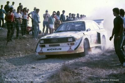 Walter Röhrl - Christian Geistdörfer
27º Rally Sanremo 1985. Audi Sport Quattro S1 E2 (IN-NM 7). Clasificado 1º.

Del 29 de Septiembre al 4 de Octubre, Sanremo, Liguria, Imperia, Italia.
Superficie: asfalto - tierra.

El Rally tenia un total de 2340.56 km, de los que 696.90 km divididos en 45 tramos eran especiales (2 de ellos fueron cancelados SS20 Murio 1 de 9.12 km, SS36 Ronde 1 de 37.22 km).

Tomaron la salida 98 equipos, finalizaron 33.

© Marco Donati
@
Palabras clave: Walter_Röhrl;Audi;Quattro;Sport;Grupo_B;Sanremo;1985