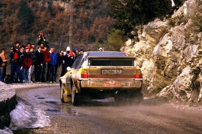 Stig Blomqvist - Bjorn Cederberg
53º Rallye Automobile de Monte-Carlo 1985. Audi Sport Quattro S1 (IN-NM 57). Clasificado 4º.

Del 26 de Enero al 1 de Febrero, Monte-Carlo.
Superficie: asfalto - nieve.

El Rally tenía un total de 3999 km de los que 852 km divididos en 34 tramos eran especiales (1 de ellos fue cancelado SS17).

Tomaron la salida 117 equipos, finalizaron 68.@
Palabras clave: Stig_Blomqvist;Audi;Quattro;Montecarlo;Sport;Grupo_B;1985
