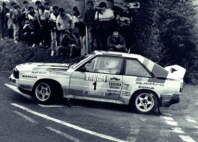 Walter Röhrl - Christian Geistdörfer
9º Rentatruck Ulster Rally 1984. Audi Quattro Sport S1. Clasificado 1º.

Del 27 al 28 de Julio, Belfast, Irlanda del Norte.
Superficie: asfalto.

La prueba constaba de 27 tramos especiales.
Desconocemos cuantos kilómetros tanto totales como cronometrados tenia la prueba.

Tomaron la salida 70 equipos, finalizaron 46.@
Palabras clave: Walter_Röhrl;Audi;Quattro;Grupo_B;Ulster;1984