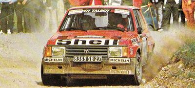 Jean-Pierre Rouget - Jean-Claude Leuvrey
5º Rallye Terre de Provence 1984. Talbot Samba Rallye (8369 SB 27). Clasificado 13º.

Del 18 al 19 de Mayo, Digne, Francia.
Superficie: tierra.

Desconocemos de cuantos kilómetros tanto totales como especiales tenia la prueba.

Tomaron la salida 102 equipos, finalizaron 62.@
Palabras clave: Talbot;Samba;Grupo_B;Provence;Francia;1984