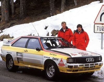 Walter Röhrl - Christian Geistdörfer
TESTS para el 52º Rallye Automobile de Monte-Carlo 1984
Audi Quattro A2

Su participación en el Rallye la acabaron en 1ª posición.

Del 21 al 27 de Enero, Monte-Carlo.
Superficie: asfalto - nieve.

El Rally tenia un total de 3328.90 km de los que 753.20 km divididos en 30 tramos eran especiales, (4 de ellas fueron cancxeladas SS3 St Jean en Royans de 39 Km, SS11 Les Savoyons - Sigoyer de 32 Km, SS12 Pont sur Barrage du Sautet de 18,40 Km, SS13 Chateau d'Ancelle - La Batie Neuve de 11,20 Km).

Se inscribieron 222 equipos, tomaron la salida 209, finalizaron 120.
@
Palabras clave: personajes;Walter_Rohrl;Christian_Geistdorfer;Audi;Quattro;Grupo_B;Montecarlo;1984