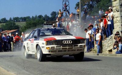 Bernard Darniche - Alain Mahé
25º Rallye Sanremo 1983. Audi Quattro A2. Clasificado 9º.

Del 2 al 7 de Octubre, Sanremo, Liguria, Imperia, Italia.
Superficie: Asfalto - Grava.

El Rally tenia un total de 2695.00 km de los que 775.89 km divididos en 58 tramos, eran especiales.

Tomaron la salida 97, finalizaron 36.@
Palabras clave: ;Audi;Quattro;Sanremo;1983