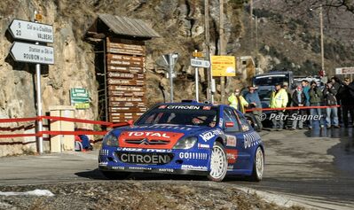Xavier Pons - Carlos del Barrio
74º Rallye Automobile de Monte-Carlo 2006. Citröen Xsara WRC (823 DPT 78). Clasificado 9º.

Del 20 al 22 de Enero, Monaco.
Superficie: asfalto - nieve.

El Rally tenia un total de 1294.89 Km de los que 366.39 km divididos en 18 tramos eran especiales, (2 de ellas fueron canceladas SS3 Pierlas - Ilonse 1 de 23.22 Km y SS11 La Tour sur Tinee - Utelle 2 de 18.73 Km).

Se inscribieron 53 equipos, tomaron la salida 51, finalizaron 43.

© Petr Sagner
@
Palabras clave: Xavier_Pons;Citroen;Xsara;WRC;Montecarlo;2006