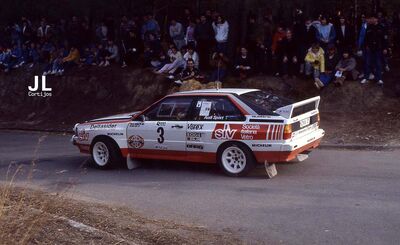 Demuth Harald - Lux Willy
33º Rally Costa Brava 1985. Audi Quattro A2. Abandonó por accidente.

Del 23 al 24 de Febrero, Lloret de Mar, Girona, Catalunya, España.
Superficie: asfalto - tierra.

El Rally tenia un total de 1329.74 km de los que 501.59 km divididos en 45 tramos eran especiales.

Tomaron la salida 55 equipos, finalizaron 25.

© José Luis Cortijos
@
Palabras clave: Audi;Quattro;Costa_Brava;Grupo_B;Catalunya;España;Spain;1985