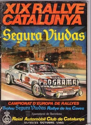 19º Rally Catalunya 1983
Del 21 al 23 de Octubre, Catalunya, España.
Superficie: asfalto.

El Rally tenia un total de 356.90 km cronometrados, desconocemos en cuantos tramos especiales se dividian.

Tomaron la salida 97 equipos, finalizaron 54.

Trofeo Segura Viudas
Campeonato de Europa de Rallyes
Rallye de las Caves
Palabras clave: 1983;Catalunya;Spain;España;Spain;Programa