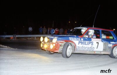Bruno Saby - Chris Williams
26º Critérium Alpin - Behra 1983. Renault 5 Turbo Tour de Corse. Clasificado 1º.

Del 8 al 10 de Abril, Nice, Grasse, Alpes-Maritimos, Riviera Francesa, Francia.
Superficie: asfalto.

Desconocemos de cuantos kilómetros tanto totales como cronometrados constaba la prueba.

Tomaron la salida 147 equipos, finalizaron 67.@
Palabras clave: Renault;Turbo;Grupo_B;Criterium_Alpin-Behra;1983