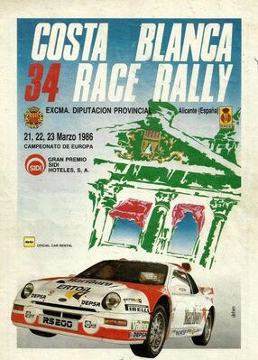 34º Rally RACE - Costa Blanca 1986
Del 21 al 23 de Marzo, Alicante, España.
Superficie: asfalto.

Desconocemos de cuantos kilómetros y tramos especiales constaba la prueba.

Tomaron la salida 82 equipos, finalizaron 38.
Palabras clave: 1986;Costa_Blanca;RACE;Programa