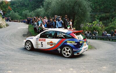 Colin McRae - Nicky Grist
42º Rallye Sanremo - Rallye d'Italia 2000. Ford Focus WRC '00 (V9 FMC). Clasificado 6º.

Del 19 al 22 de Octubre, Sanremo.
Superficie: asfalto.

El Rally tenia un total de 1065.75 Km de los que 382.79 Km divididos en 17 tramos eran especiales (uno de ellos fue cancelado SS15 Langan 2 de 37.81 Km.

Se inscribieron 123 equipos, tomaron la salida 115, finalizaron 62.

© Petr Fitz
@@
Palabras clave: ;Sanremo;Ford;Focus;WRC;2000