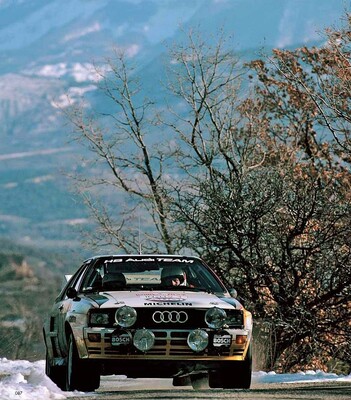 Hannu Mikkola - Arne Hertz
52º Rallye Automobile de Monte-Carlo 1984. Audi Quattro A2 (IN-NV 83). Clasificado 3º.
Audi Sport

Del 21 al 27 de Enero, Monte-Carlo.
Superficie: asfalto - nieve.

El Rally tenia un total de 3328.90 km de los que 753.20 km divididos en 30 tramos eran especiales, (4 de ellas fueron cancxeladas SS3 St Jean en Royans de 39 Km, SS11 Les Savoyons - Sigoyer de 32 Km, SS12 Pont sur Barrage du Sautet de 18,40 Km, SS13 Chateau d'Ancelle - La Batie Neuve de 11,20 Km).

Se inscribieron 222 equipos, tomaron la salida 209, finalizaron 120.@
Palabras clave: Audi;Quattro;Grupo_B;Montecarlo;1984