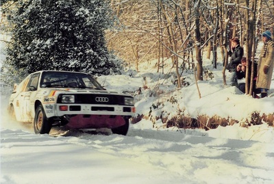 Hannu Mikkola - Arne Hertz
20º National Breakdown Rally 1986. Audi Quattro Sport S1 (44 WMN) Equipo Audi Sport UK. Clasificado 1º.

Del 21 al 23 de Febrero, Bradford.
Superficie: nieve -hielo.

El Rally tenia un total de 414.50 km cronometrados divididos en 45 tramos especiales.
28 de ellos, 283.36 km en total, fueron suspendidos.

Tomaron la salida 69 equipos, finalizaron 52.@
Palabras clave: ;Audi;Sport;Quattro;Grupo_B;National_Breakdown;1986;Nieve