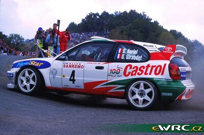 Didier Auriol - Denis Giraudet
41º Rallye Sanremo - Rallye d'Italia 1999. Toyota Corolla WRC (K-AM 8020). Clasificado 3º.
Toyota Castrol Team

Del 11 al 13 de Octubre, Sanremo, Liguria, Imperia, Italia.
Superficie: asfalto.

El Rally tenia un total de 1384.58 Km de los que 384.88 Km divididos en 18 tramos, eran especiales.

Se inscribieron 124 equipos, tomaron la salida 119, finalizaron 55.

© Teams
@@
Palabras clave: Toyota;Corolla;WRC;Sanremo;1999