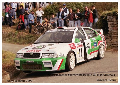 Armin Schwarz - Manfred Hiemer
41º Rallye Sanremo - Rallye d'Italia 1999. Skoda Octavia WRC VI (MBS 97-68). Abandonó por la dirección del coche en SS9 Turpino 1 de 24.45 km.
Skoda Motorsport

Del 11 al 13 de Octubre, Sanremo, Liguria, Imperia, Italia.
Superficie: asfalto.

El Rally tenia un total de 1384.58 Km de los que 384.88 Km divididos en 18 tramos, eran especiales.

Se inscribieron 124 equipos, tomaron la salida 119, finalizaron 55.@
Palabras clave: Skoda;Octavia;WRC;1999