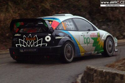 François Duval - Stéphane Prévot
72º Rallye Automobile de Monte-Carlo 2004. Ford Focus RS WRC 03 (EK52 LNP). Clasificado 3º.

Del 23 al 25 de Enero, Monaco.
Superficie: asfalto.

El Rally tenia un total de 1,331.92 Km de los que 389.12 Km divididos en 15 tramos, eran especiales (2 de ellos fueron cancelados SS1 Selonnet - Breziers 1 de 22.64 Km y SS10 Tourette du Chateau - St Antonin 2 de 24.80 Km. Uno de ellos se dio con tiempo de tramo teórico a todos los equipos, SS8 Tourette du Chateau - St Antonin 1 de 24.80 Km).

Se inscribieron 45 equipos, tomaron la salida 43, finalizaron 20.@
Palabras clave: Ford;Focus;WRC;Montecarlo;2004