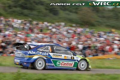 Mikko Hirvonen - Jarmo Lehtinen
26º ADAC Rallye Deutschland 2007. Ford Focus RS WRC '07 (EO56 TZR). Clasificado 3º.
BP Ford World Rally Team

Del 17 al 19 de Agosto, Trier.
Superficie: asfalto.

El Rally constaba de 3 etapas con un total de 1227.04 km de los que 356.27 km divididos en 19 tramos, eran cronometrados.

Tomaron la salida 102 equipos, finalizaron 88.

© Marek Felt
@@
Palabras clave: Ford;Focus;WRC;Alemania;2007
