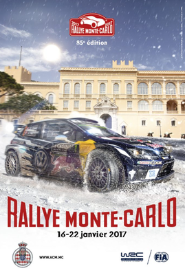 85º Rallye Automobile de Montecarlo 2017
Del 18 al 21 de Enero, Gap - Monaco.
Superficie: asfalto - nieve.

El Rallye constaba de 4 etapas con un total de 11411.85 km de los que 382.65 km divididos en 15 tramos eran cronometrados, (2 de ellos fueron cancelados SS1 Entrevaux - Val-de-Chalvagne - Ubraye de 21,25 km y SS16 Lucéram - Col St-Roch 2 de 5,5 km).

Tomaron la salida 73 equipos, finalizaron 54.
Palabras clave: Poster;Montecarlo;2017
