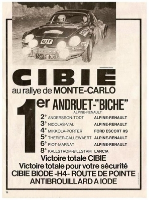 42º Rallye Automobile de Monte-Carlo 1973
Primera prueba del Campeonato del Mundo de la historia.

Del 19 al 26 de Enero, Monte-Carlo.
Superficie: asfalto - nieve - hielo.

El Rally tenia un total de 4800 km de los que 456.50 km divididos en 18 tramos eran especiales, (2 ellas fueron canceladas SS10 Col de la Porte de 18.25 Km y SS11 La Cabanette de 18.25Km).

Tomaron la salida 278 equipos, finalizaron 51.
Palabras clave: detalles;Montecarlo;1973