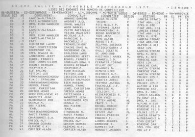 45º Rallye Automobile de Monte-Carlo 1977
Lista de inscritos.

Del 22 al 28 de Enero, Monte-Carlo .
Superficie: asfalto - nieve.

El Rally tenia un total de 4800 km de los que 540.50 km divididos en 27 tramos eran especiales (una de ellas fue cancelada SS2 Col de Fontbelle de 35.00 Km).

Se inscribieron 217 equipos, tomaron la salida 198, finalizaron 118 en lista, llegaron 47 en meta.

(1 de 6)
Palabras clave: Montecarlo;1977;detalles;inscritos