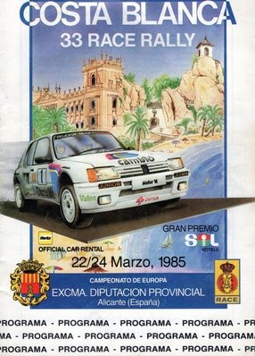 33º Rally RACE-Costa Blanca 1985
Programa

Del 22 de Marzo al 24 de Marzo, Alicante.

Superficie: Asfalto con 410,00 km cronometrados.

Tomaron la salida 82 equipos, finalizaron 45.
Palabras clave: Grupo_B;Costa_Blanca;Race;1985;detalles