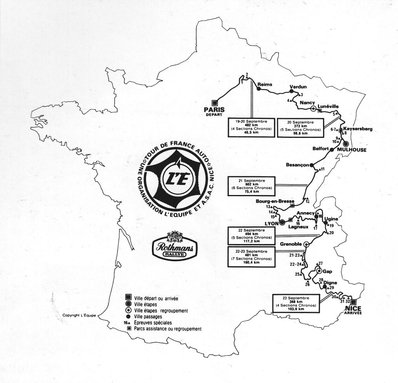 42º Tour de France Automobile 1983
Del 19 al 23 Septiembre, Paris, Nice, Francia.
Superficie: asfalto.

El Rally tenia un total de 2800.00 km de los que 630.00 km divididos en 3 etapas y 32 tramos eran especiales (uno de ellos fue cancelado SS27 Col du Noyer).

Tomaron la salida 84 equipos, finalizaron 37.
Palabras clave: Tour_France_Automobile;1983