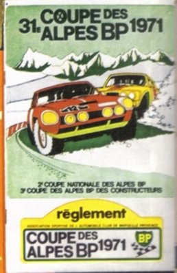 32º Coupe des Alpes 1971
Del 25 al 26 de Junio, Uriage-Marseille.
Superficie: asfalto.

La prueba tenia un total de 1420.00 km de los que 800.00 km eran cronometrados.

No sabemos cuantos equipos tomaron la salida, finalizaron 36.
Palabras clave: Alpes;1971