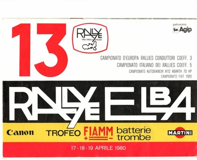 13º Rallye dell'Isola d'Elba 1980
Del 17 al 19 de Abril, Portoferraio, Italia.
Superficie: asfalto - tierra.

Tomaron la salida 140 equipos, finalizaron 35.
Palabras clave: Elba;1980;Cartel