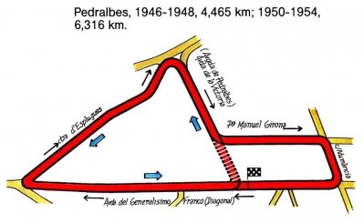 Circuito de urbano de Pedralbes (Barcelona,España)
La 1º version de 1946 a 1948 de 4.465 km
la 2º vrsion de 1950 a 1954 de 6,316 Km
