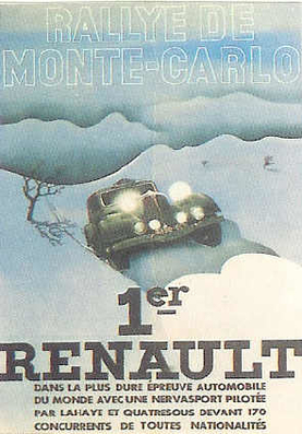 14º Rallye Automobile de Monte-Carlo 1935
Poster publicitario

Del 19 al 25 de Enero.
Superficie: asfalto - nieve.

Se inscribieron 165 equipos, tomaron la salida 149, finalizaron 103.
Palabras clave: Montecarlo;detalles;cartel;1935