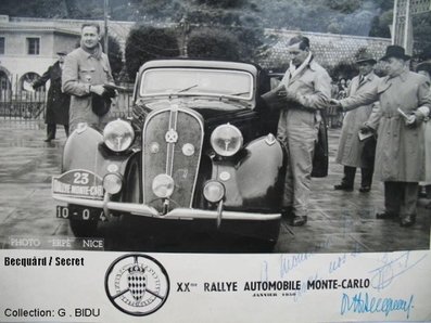 Marcel Becquart - Henri Secret
20º Rallye Automobile de Monte-Carlo 1950. Hotchkiss 686 3L (10-QR4). Clasificado 1º.

Del 22 al 27 de Enero.
Superficie: asfalto - nieve.

Tomaron la salida 293 equipos, finalizaron 135.@
Palabras clave: Hotchkiss;Montecarlo;1950;Personajes