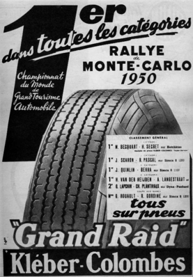 20º Rallye Automobile de Monte-Carlo 1950
Pneumáticos Kléber
1º en todas las categorí­as

Del 22 al 27 de Enero.
Superficie: asfalto - nieve.

Tomaron la salida 293 equipos, finalizaron 135.
Palabras clave: Montecarlo;detalles;1950